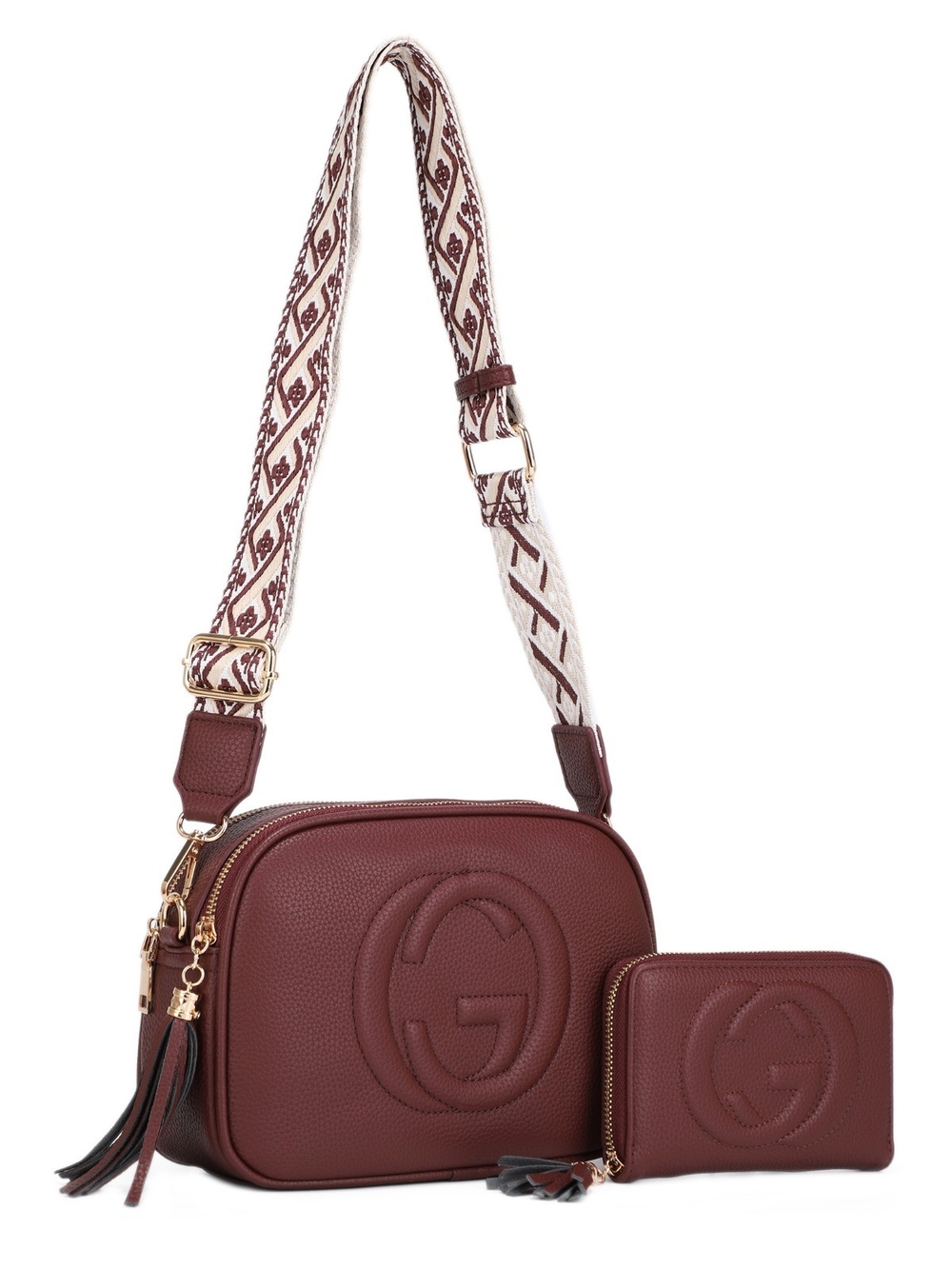 Alyssa Burgundy Pebbled Vegan Leather Crossbody with Patterned Strap and Wallet